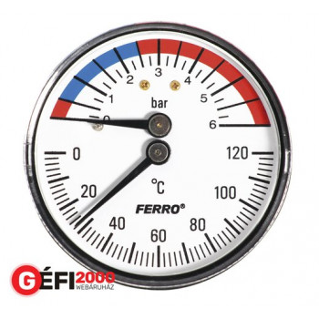 Ferro termomanométer hátsós 0-120 C, 6 bar, 1/2